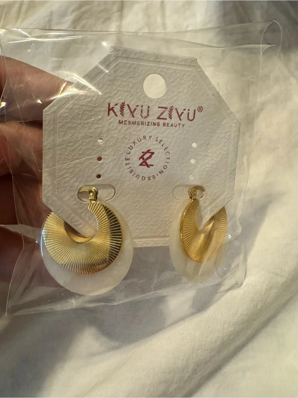 Gold and Cream Crescent Drop Earrings